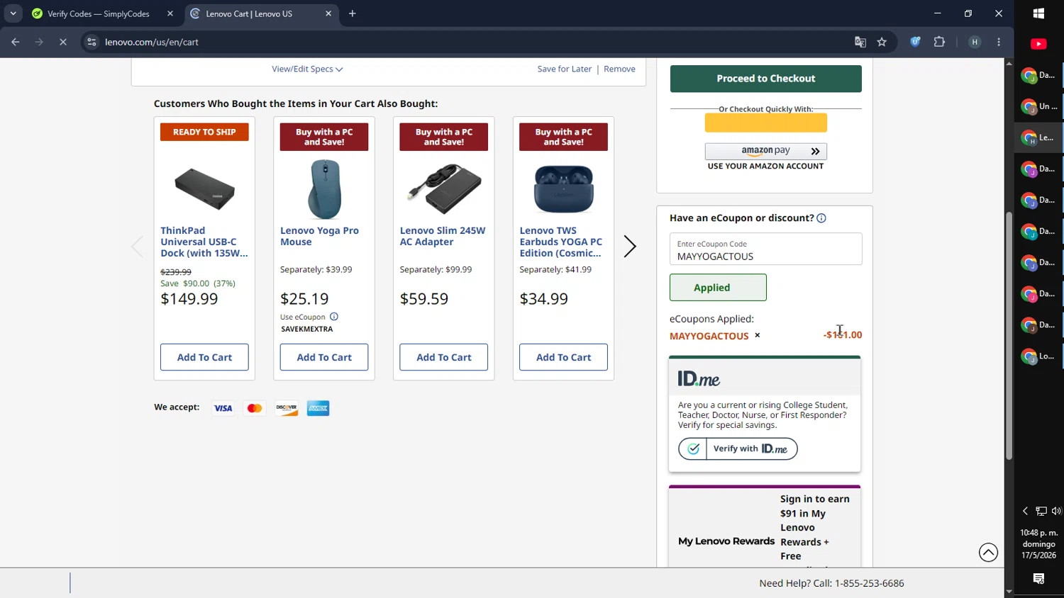 Verification screenshot for $161 Off Yoga Pro 9i Aura Edition 16 Intel at Lenovo — 17d ago