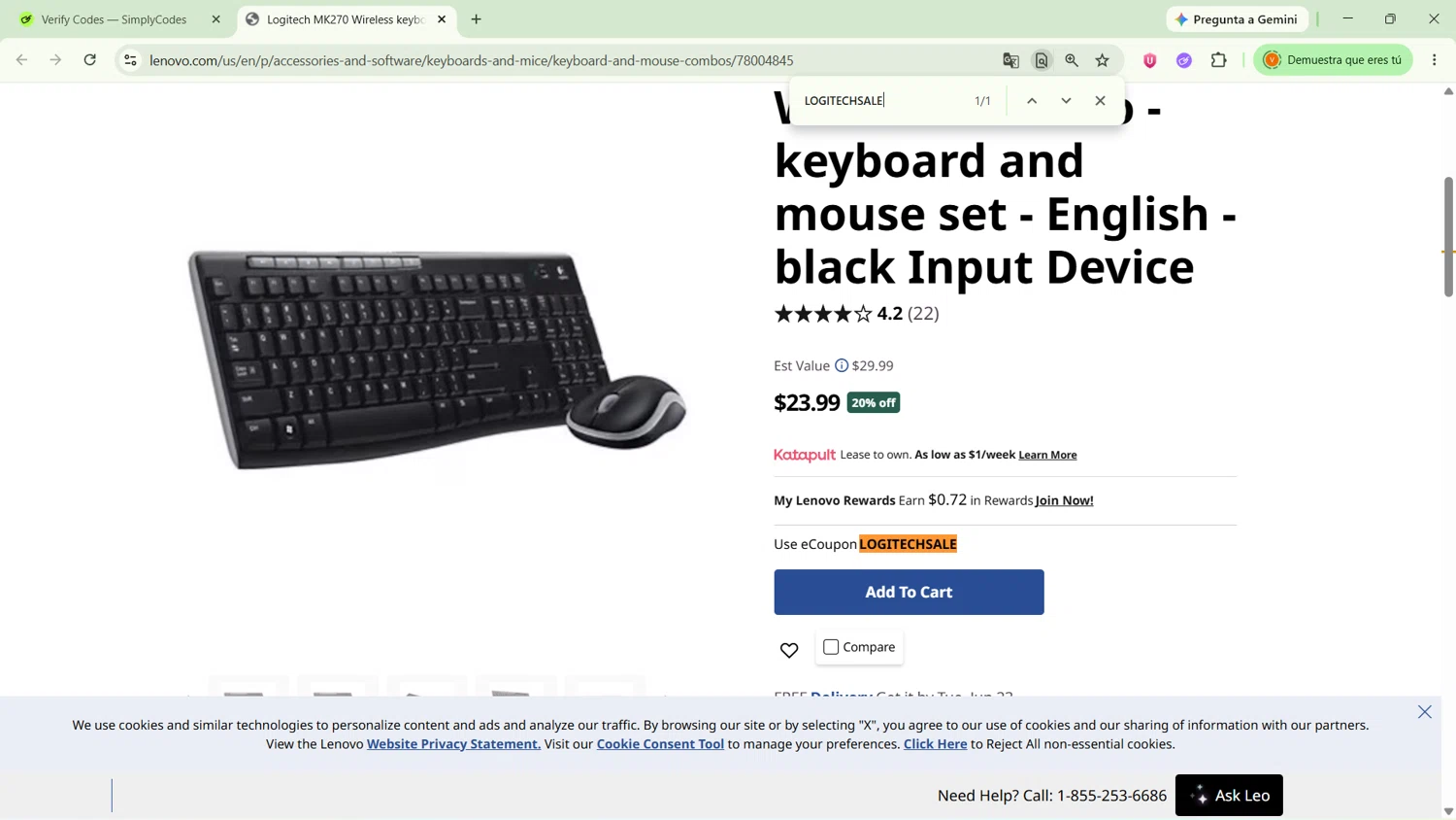 Verification screenshot for 20% Off Logitech H390 Usb Headset (Members Only) at Lenovo - 8d ago