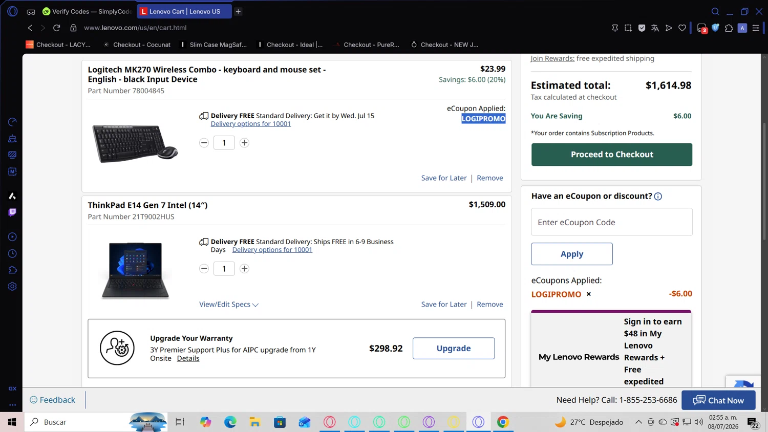 Verification screenshot for 20% Off Logitech Mk270 Wireless Combo Keyboard And Mouse Set at Lenovo - 7d ago