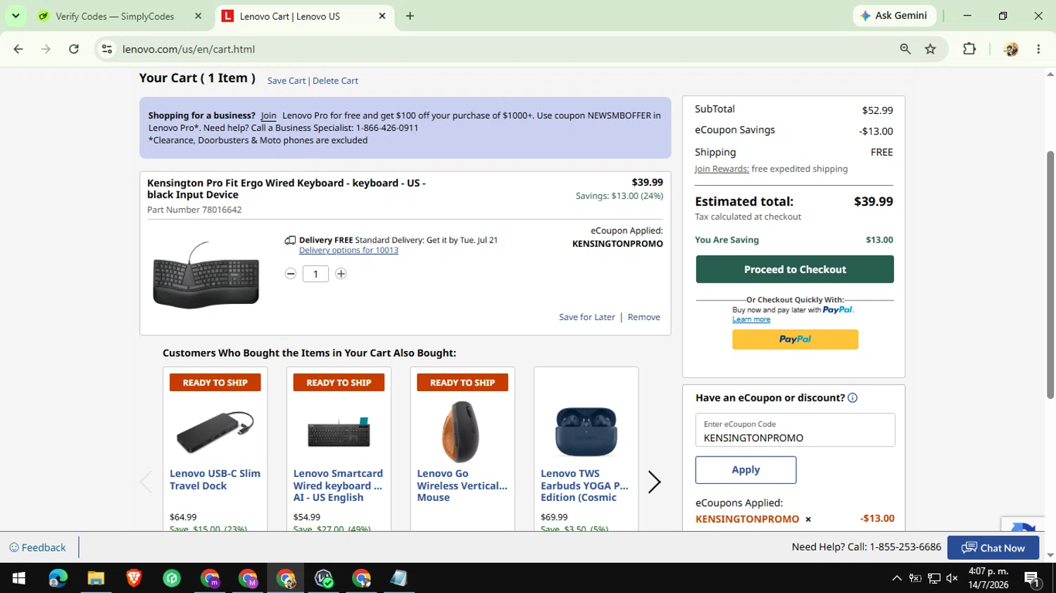 Verification screenshot for 24% Off Kensington Pro Fit Ergo Wired Keyboard Keyboard at Lenovo - 15h ago