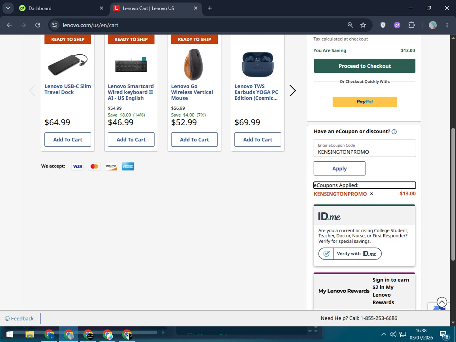 Verification screenshot for 24% Off Kensington Pro Fit Ergo Wired Keyboard Keyboard at Lenovo - 11d ago