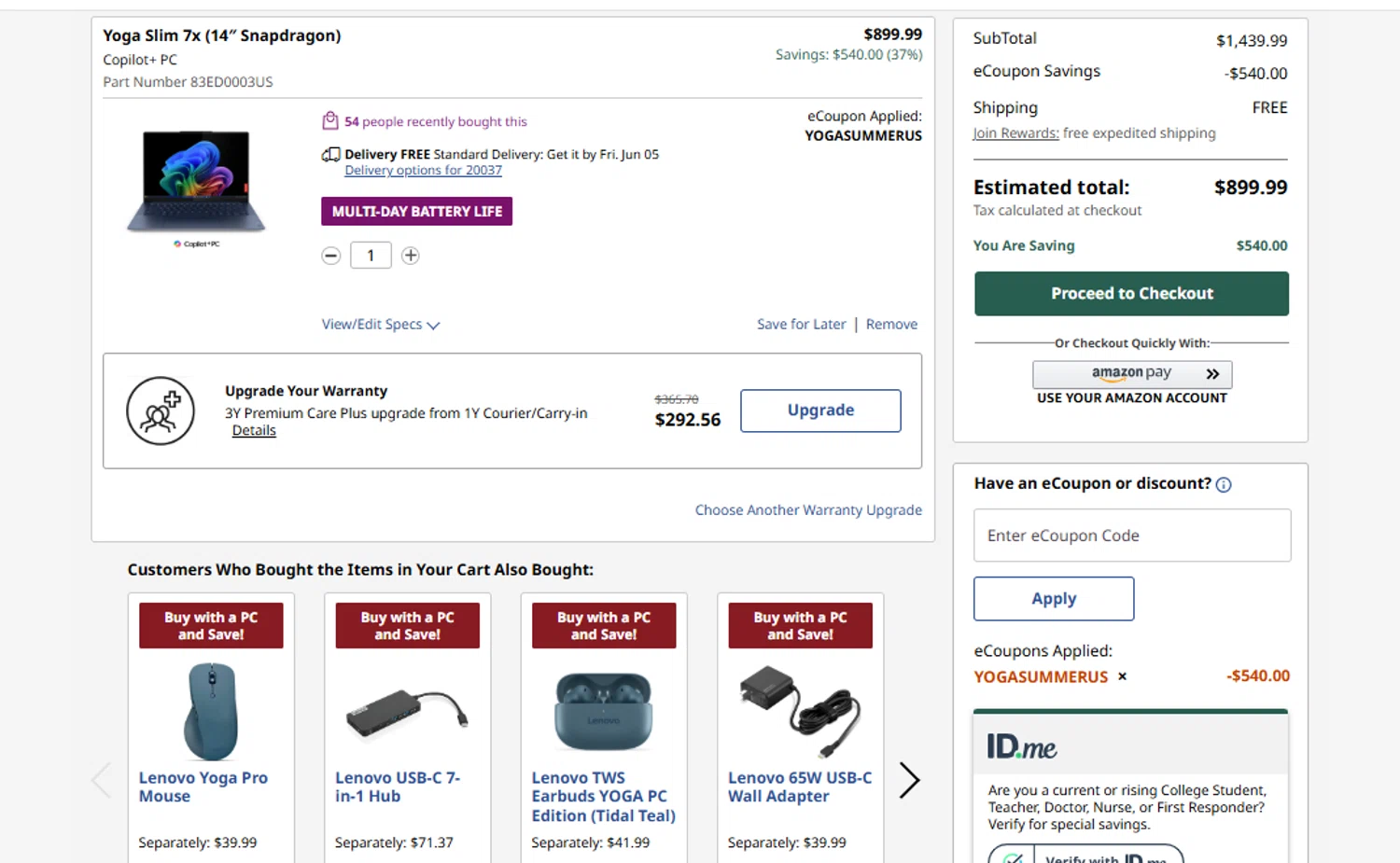 Verification screenshot for 37% Off Yoga Slim 7x 14 Snapdragon at Lenovo — 1d ago