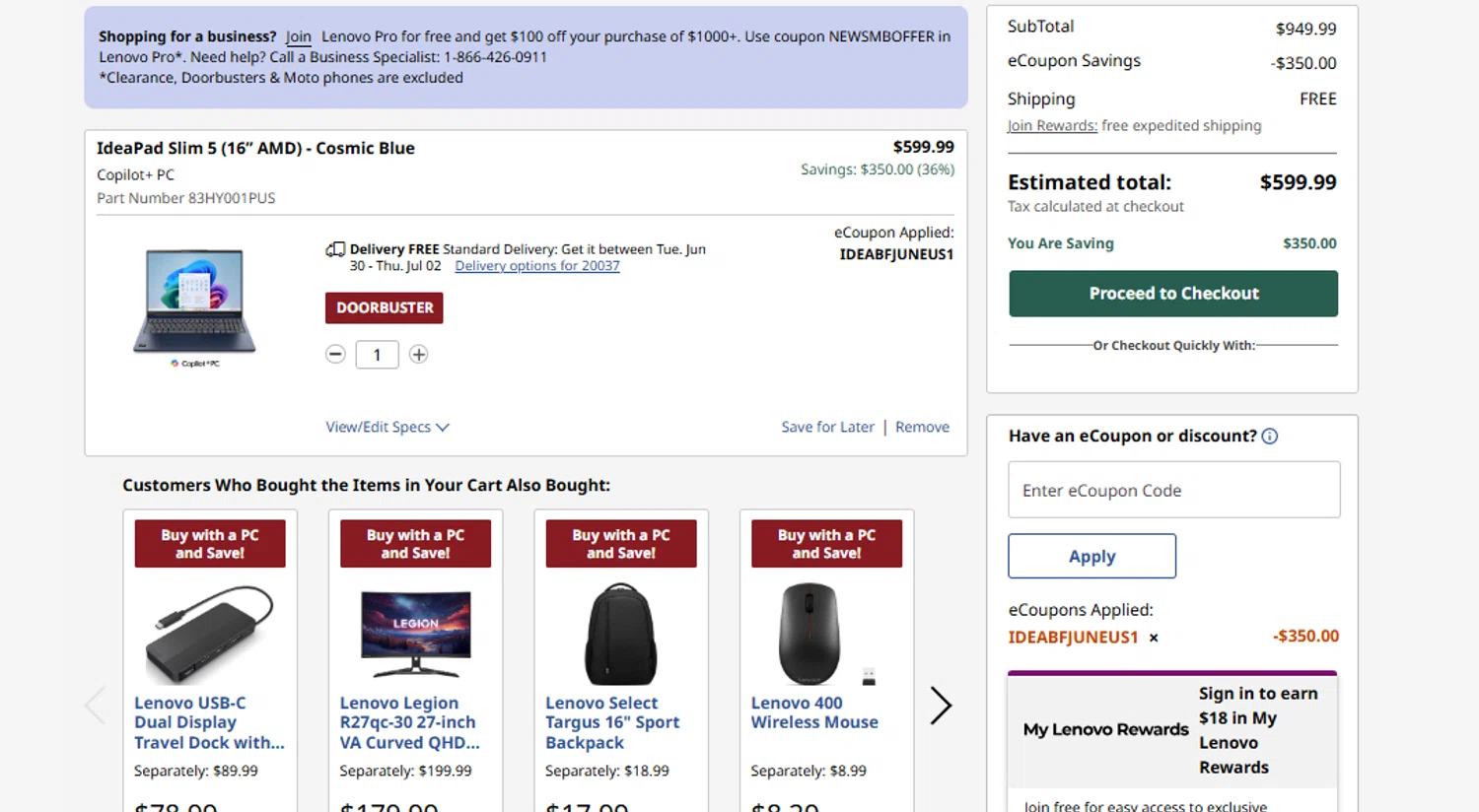 Verification screenshot for 36% Off Ideapad Slim 5 16 Amd Cosmic Blue at Lenovo - 9d ago