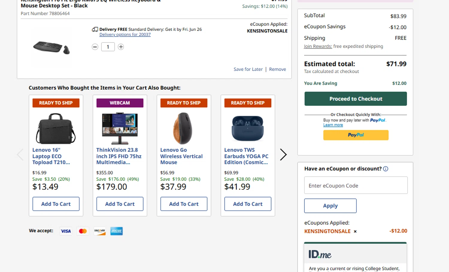 Verification screenshot for 14% Off Kensington Pro Fit Ergo Km675 Eq Wireless Keyboard Mouse at Lenovo - 3d ago