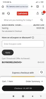 Lenovo coupon verification screenshot