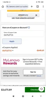 Lenovo coupon verification screenshot