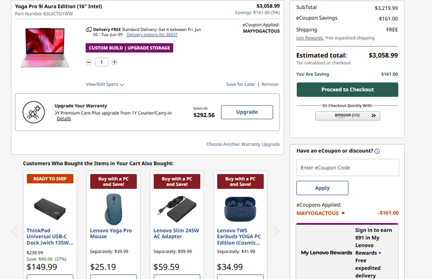 Verification screenshot for $161 Off Yoga Pro 9i Aura Edition 16 Intel at Lenovo — 17d ago