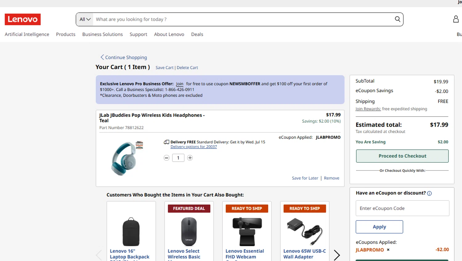 Verification screenshot for 10% Off Jlab Jbuddies Pop Wireless Kids Headphones Teal at Lenovo - 6d ago