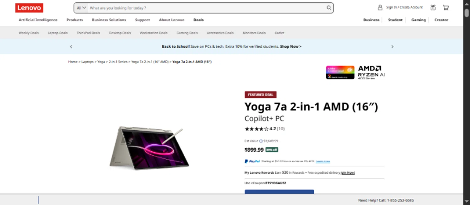 Verification screenshot for 39% Off Yoga 7a at Lenovo - 5d ago