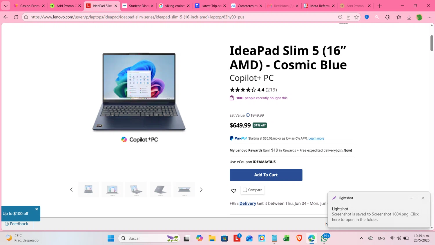 Verification screenshot for 31% Off Select Items (Members Only) at Lenovo — 8d ago