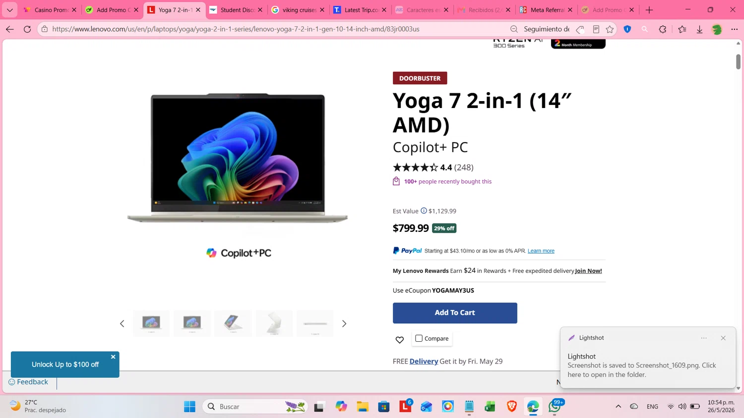 Verification screenshot for 29% Off Yoga 7 2 (members Only) at Lenovo — 8d ago