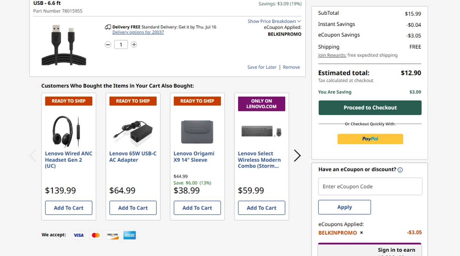 Verification screenshot for 19% Off Belkin Boostcharge Usbc Cable at Lenovo - 4d ago