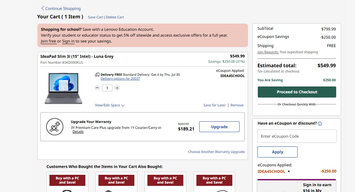 Verification screenshot for 31% Off Ideapad Slim 3i 15 Intelluna Grey at Lenovo - 6d ago