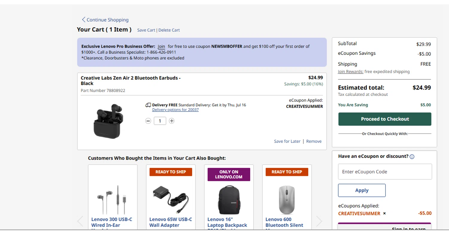 Verification screenshot for 16% Off Creative Labs Zen Air 2 Bluetooth Earbuds Black at Lenovo - 4d ago