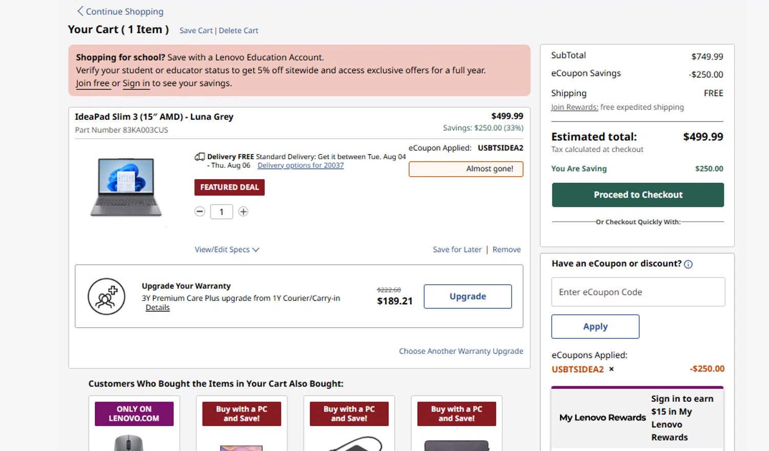 Verification screenshot for 33% Off Ideapad Slim 3 15 Amdluna Grey at Lenovo - 6d ago