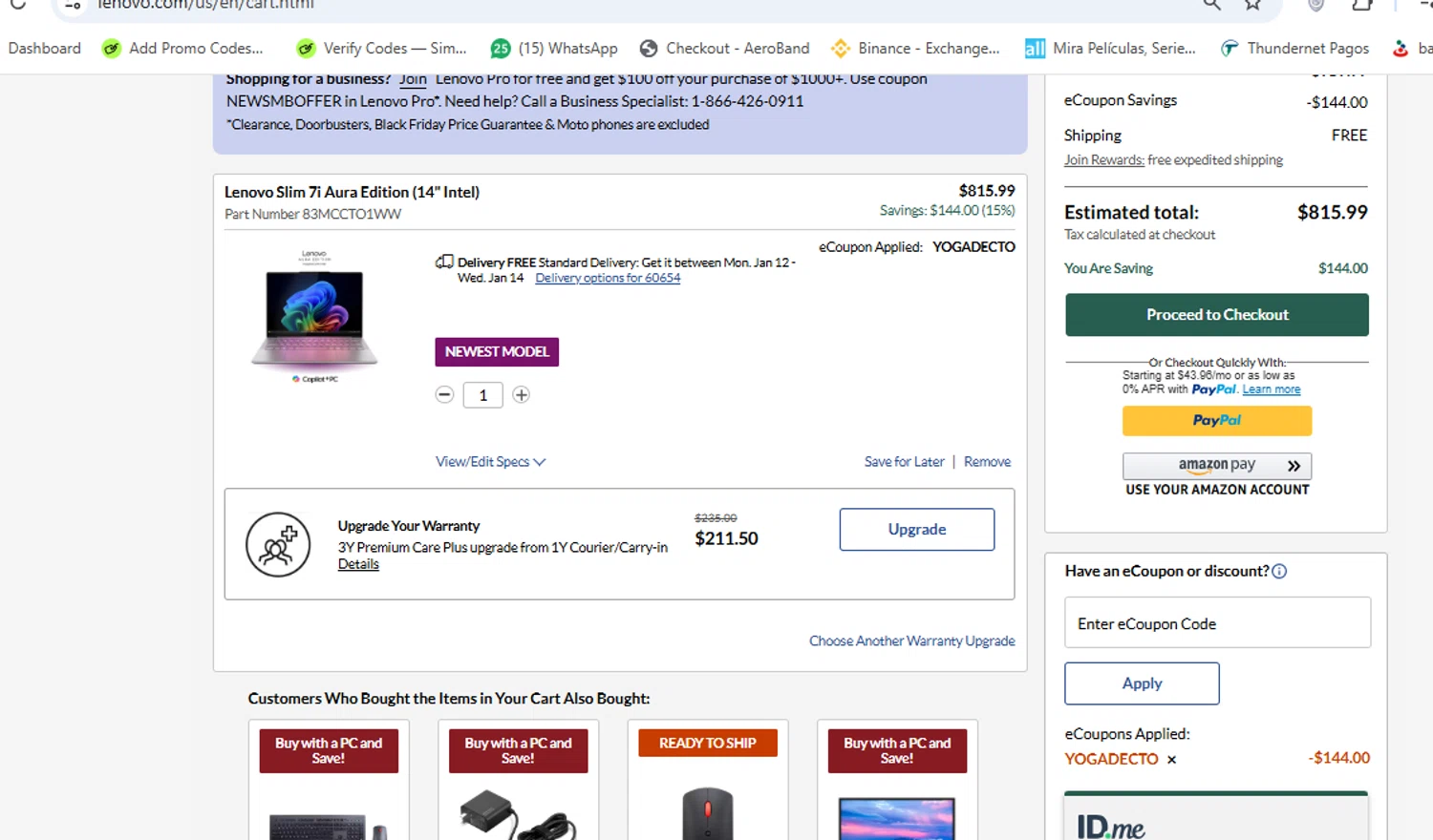 Lenovo coupon code screenshot showing code YOGADECTO applied at Lenovo checkout page. Uploaded by SimplyCodes community member yeresojperez on Dec 14, 2025