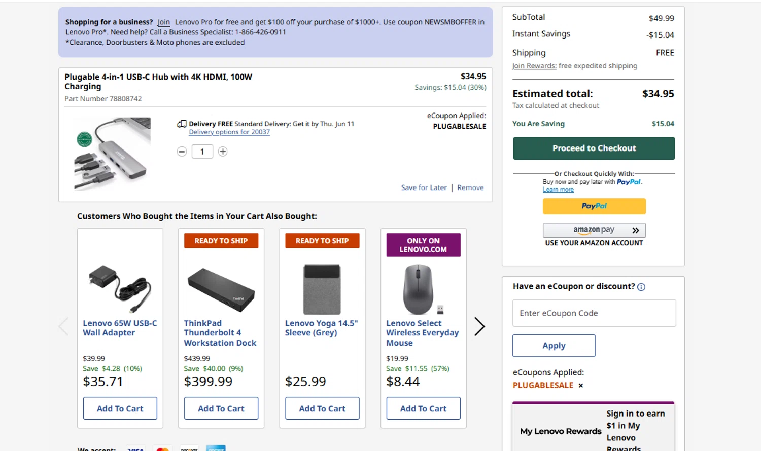 Verification screenshot for 30% Off Plugable 4 in 1 Usb C Hub With 4k Hdmi 100w Charging at Lenovo - 18d ago