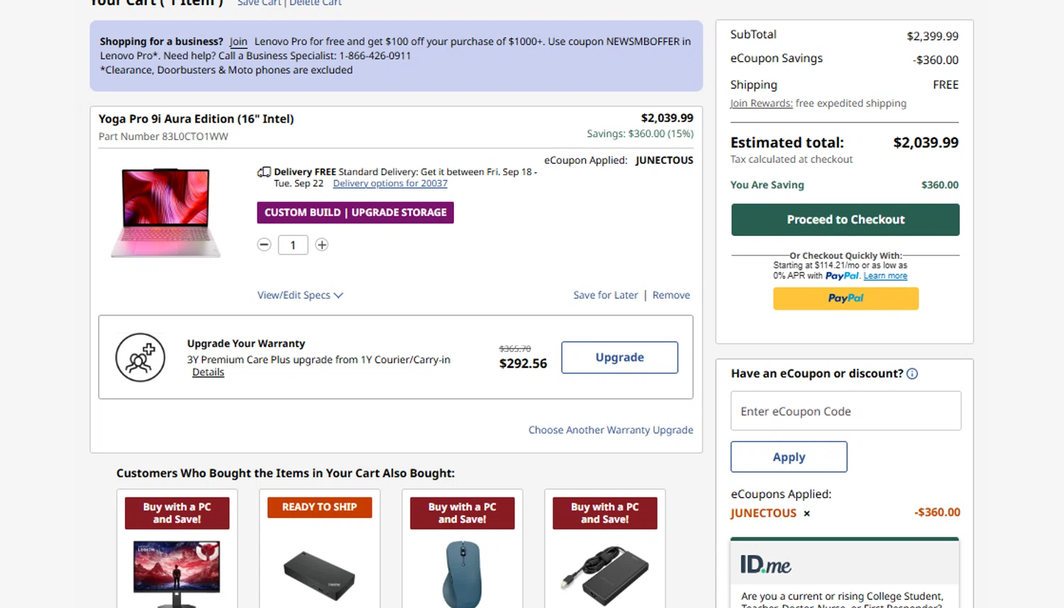 Verification screenshot for $360 Off Yoga Pro 9i Aura Edition 16 Intel at Lenovo - 9d ago