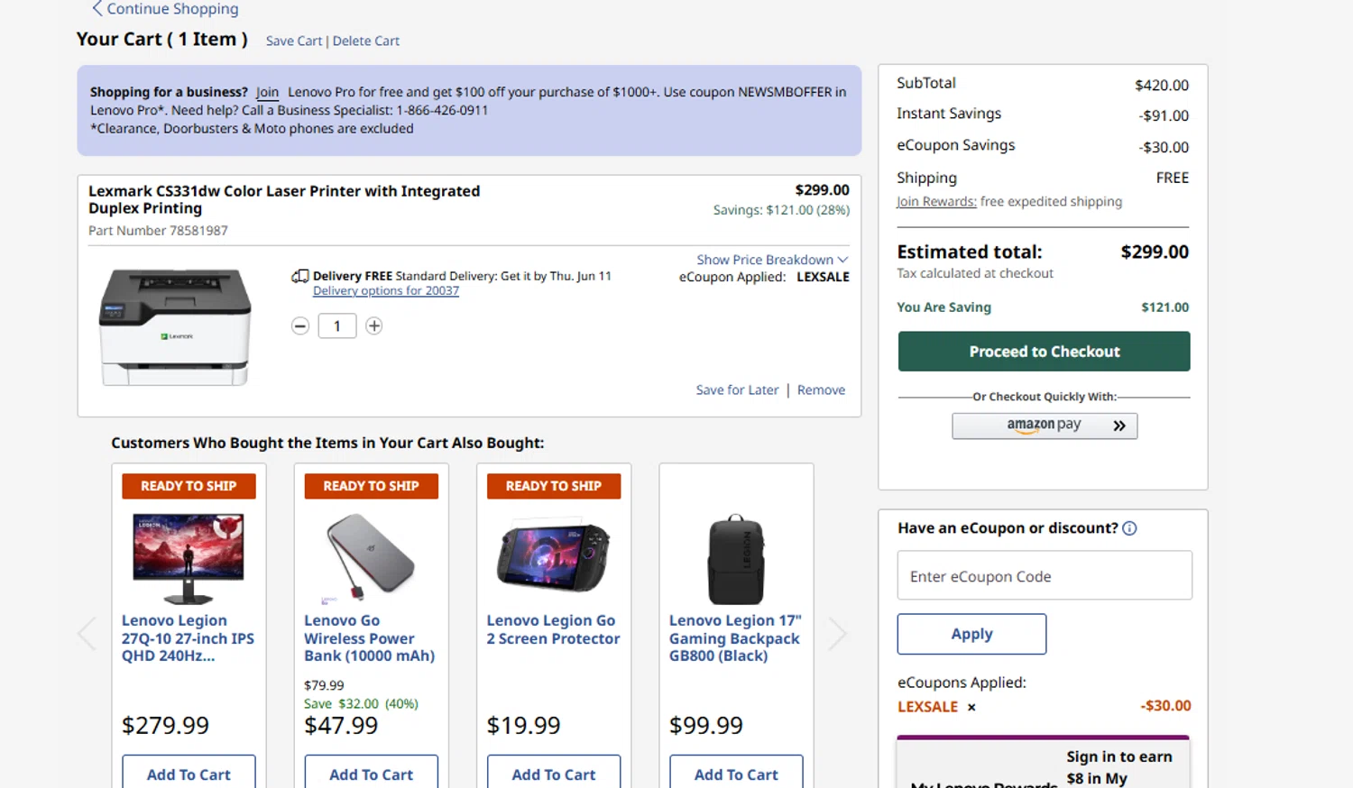 Verification screenshot for $30 Off Lexmark Cs331dw Color Laser Printer Integrated Duplex Printing at Lenovo - 18d ago