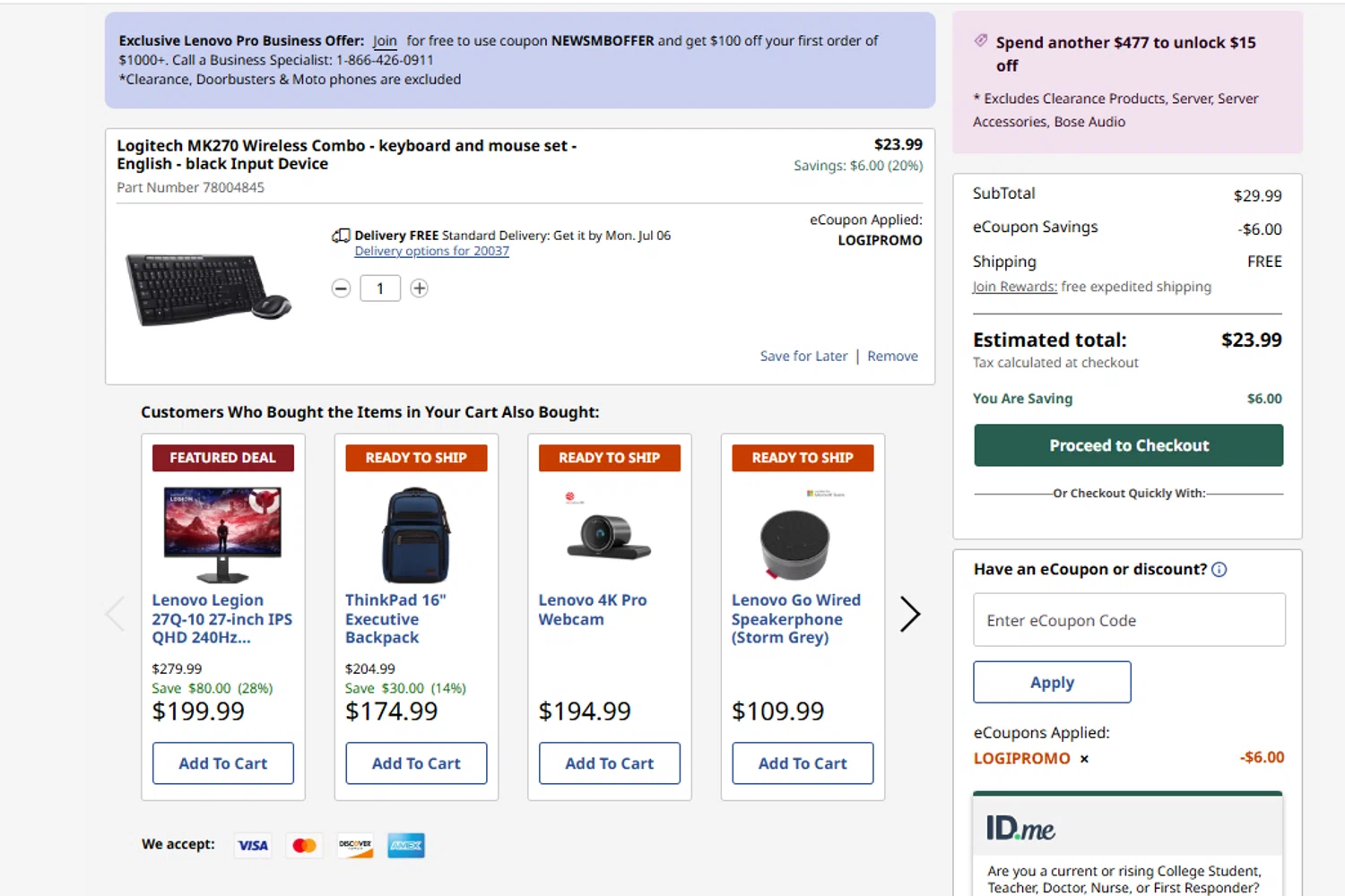 Verification screenshot for 20% Off Logitech Mk270 Wireless Combo Keyboard And Mouse Set at Lenovo - 15d ago
