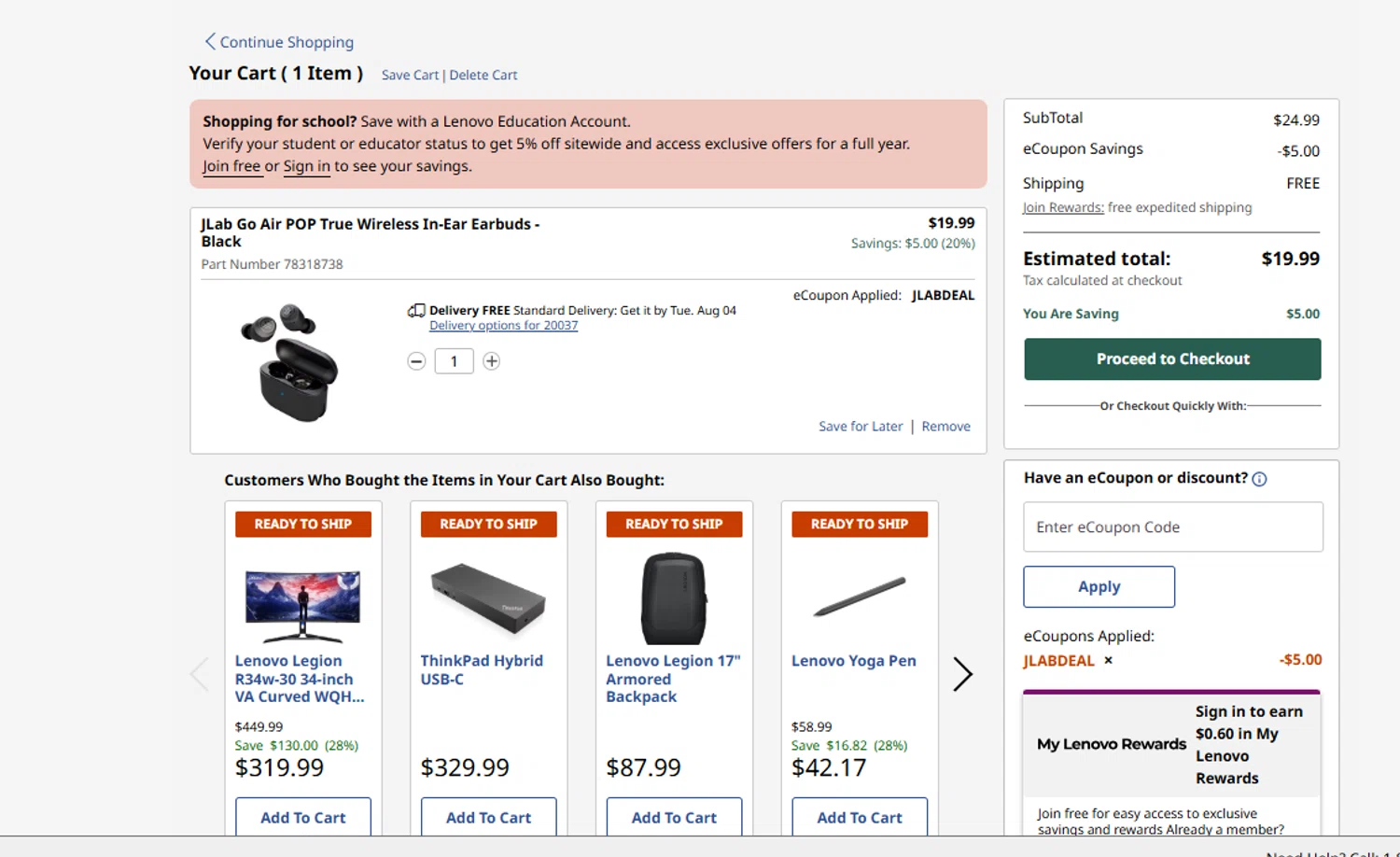 Verification screenshot for 20% Off Jlab Go Air Pop True Wireless in Ear Earbuds Black at Lenovo - 6d ago