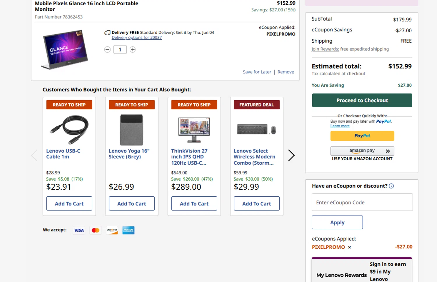Verification screenshot for $27 Off Mobile Pixels Glance 16 Inch Lcd Portable Monitor at Lenovo - 25d ago