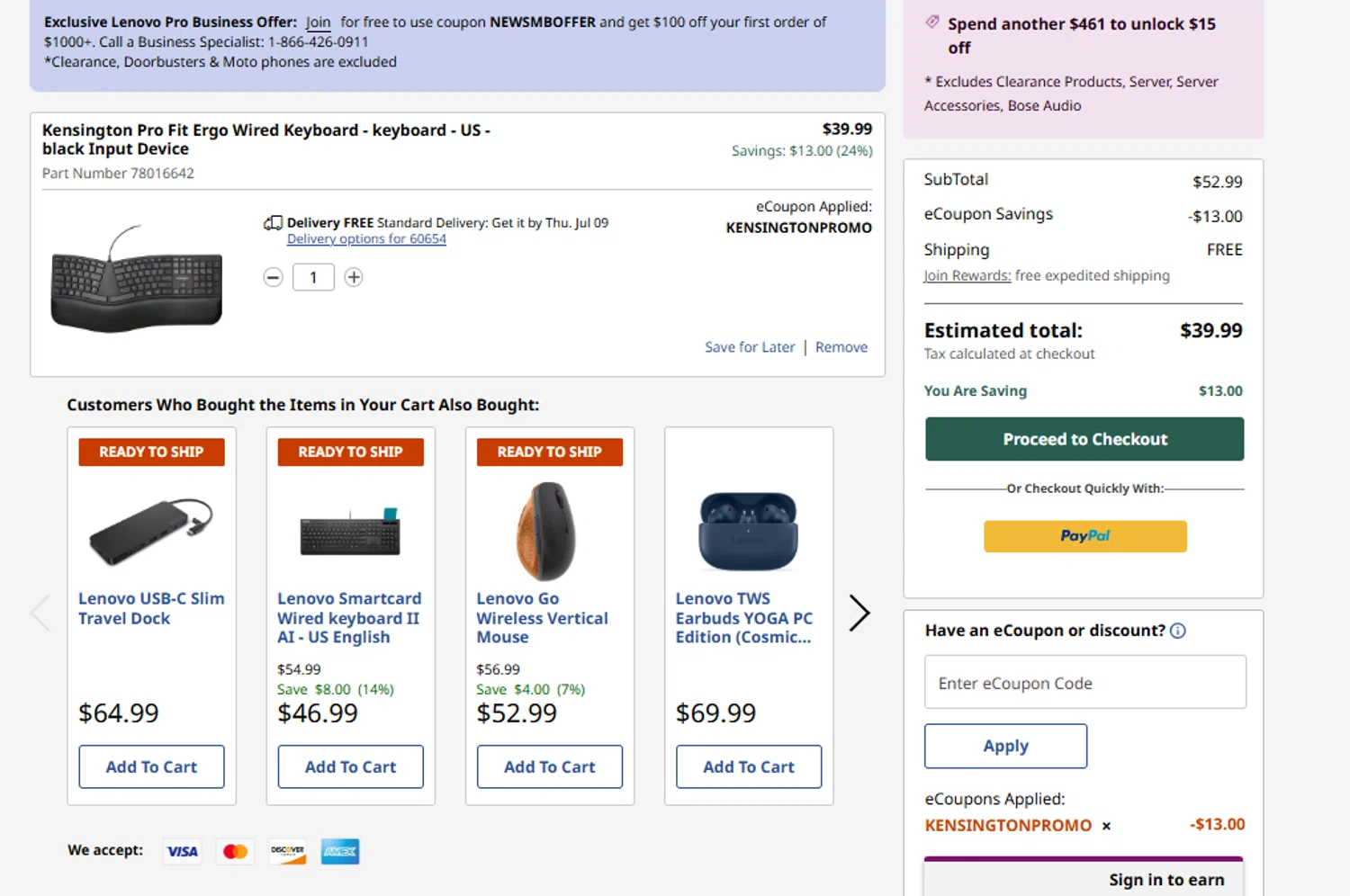 Verification screenshot for 24% Off Kensington Pro Fit Ergo Wired Keyboard Keyboard at Lenovo - 11d ago