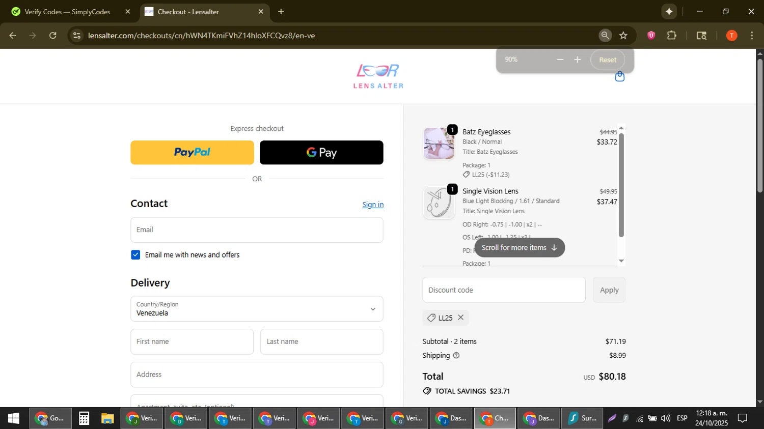 Lensalter discount code screenshot showing code LL25 applied at Lensalter checkout page. Uploaded by SimplyCodes community member ShrewdAce8338 on Oct 24, 2025