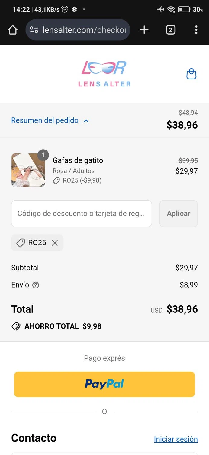 Lensalter discount code screenshot showing code Ro25 applied at Lensalter checkout page. Uploaded by SimplyCodes community member Anderson on Aug 27, 2025