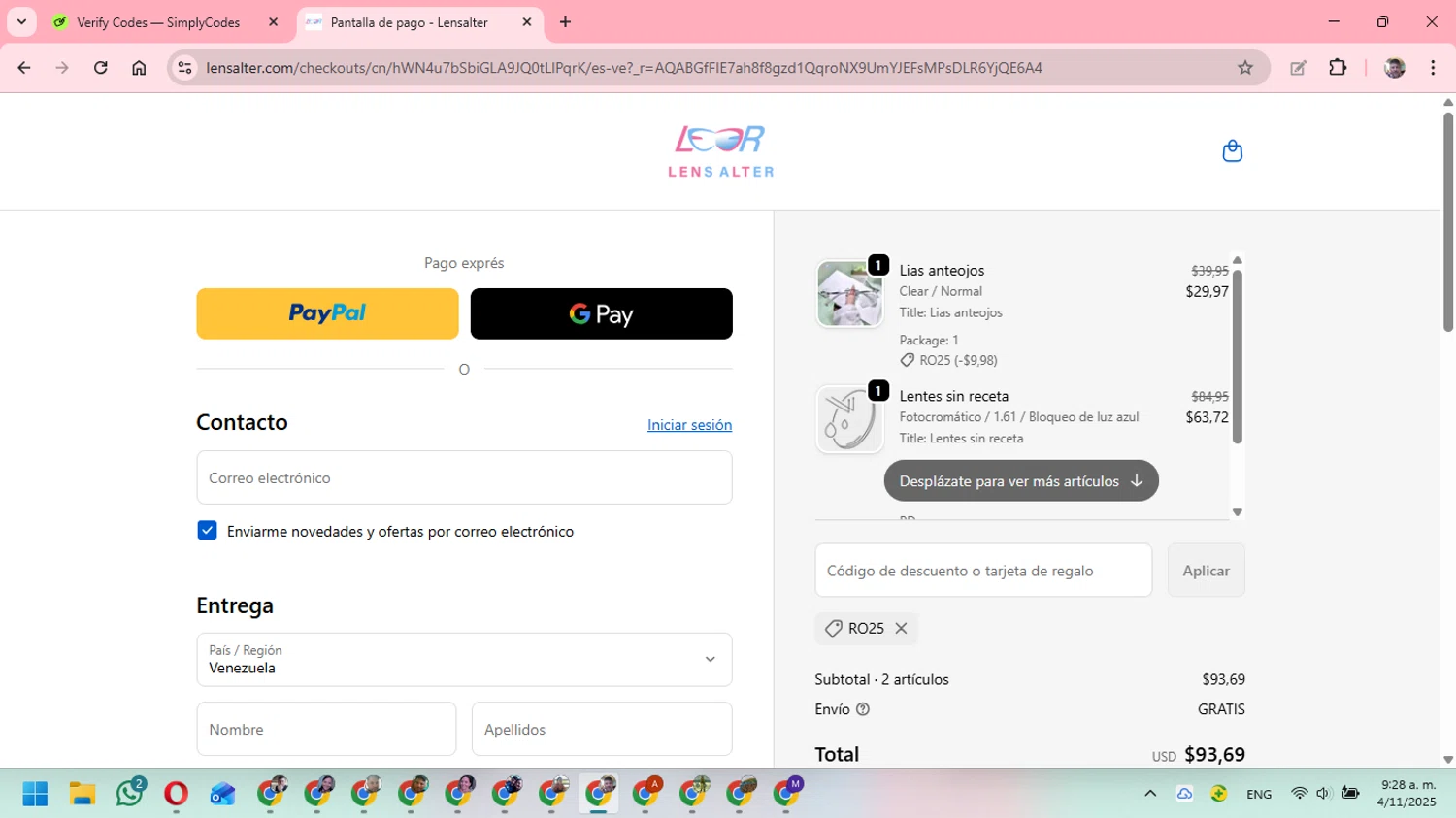 Lensalter discount code screenshot showing code Ro25 applied at Lensalter checkout page. Uploaded by SimplyCodes community member DavGutFig on Nov 4, 2025