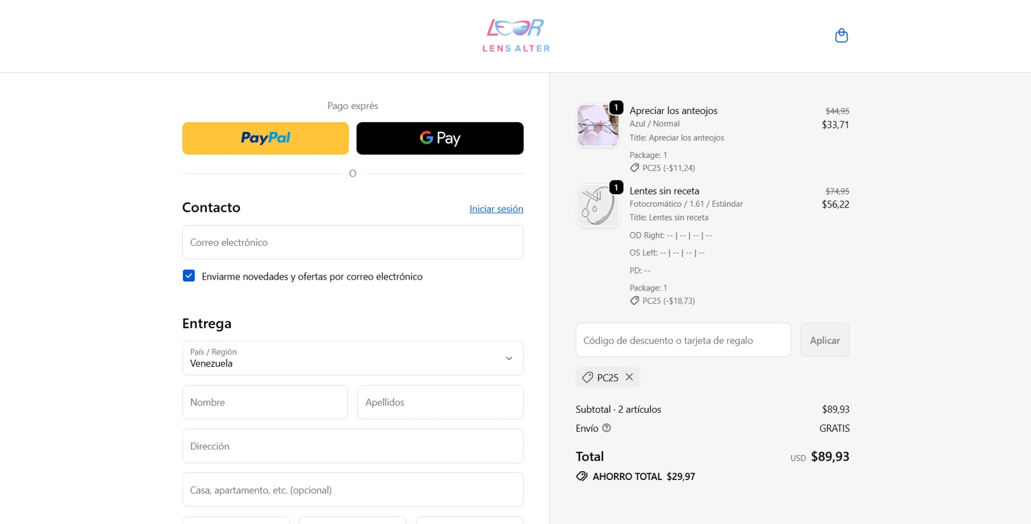 Lensalter discount code screenshot showing code PC25 applied at Lensalter checkout page. Uploaded by SimplyCodes community member Lanzaa on Oct 28, 2025