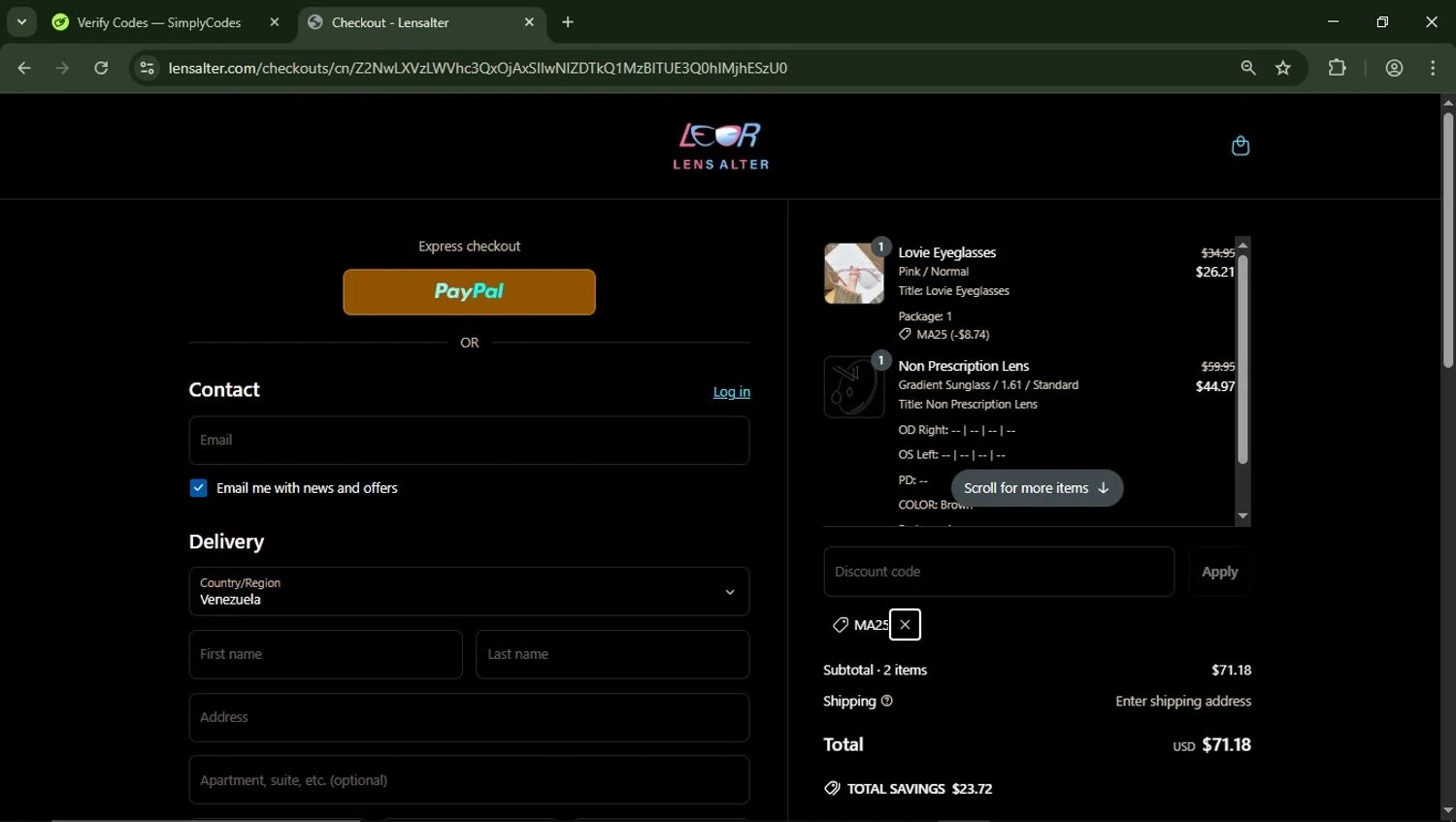 Lensalter discount code screenshot showing code Ma25 applied at Lensalter checkout page. Uploaded by SimplyCodes community member LegendaryFalcon5662 on Apr 4, 2025