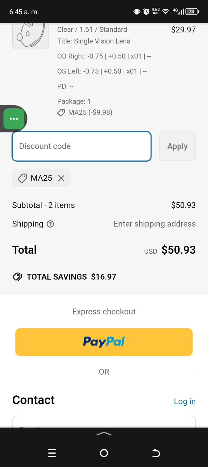Lensalter discount code screenshot showing code Ma25 applied at Lensalter checkout page. Uploaded by SimplyCodes community member Sanchezcarol on Apr 4, 2025