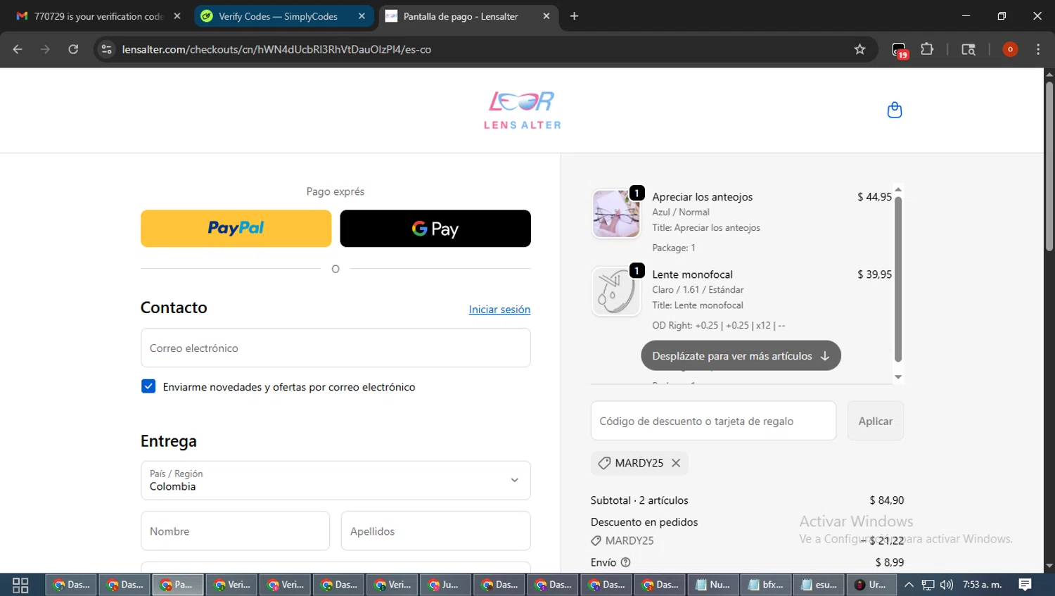 Lensalter discount code screenshot showing code Mardy25 applied at Lensalter checkout page. Uploaded by SimplyCodes community member WiseTracker2171 on Oct 28, 2025