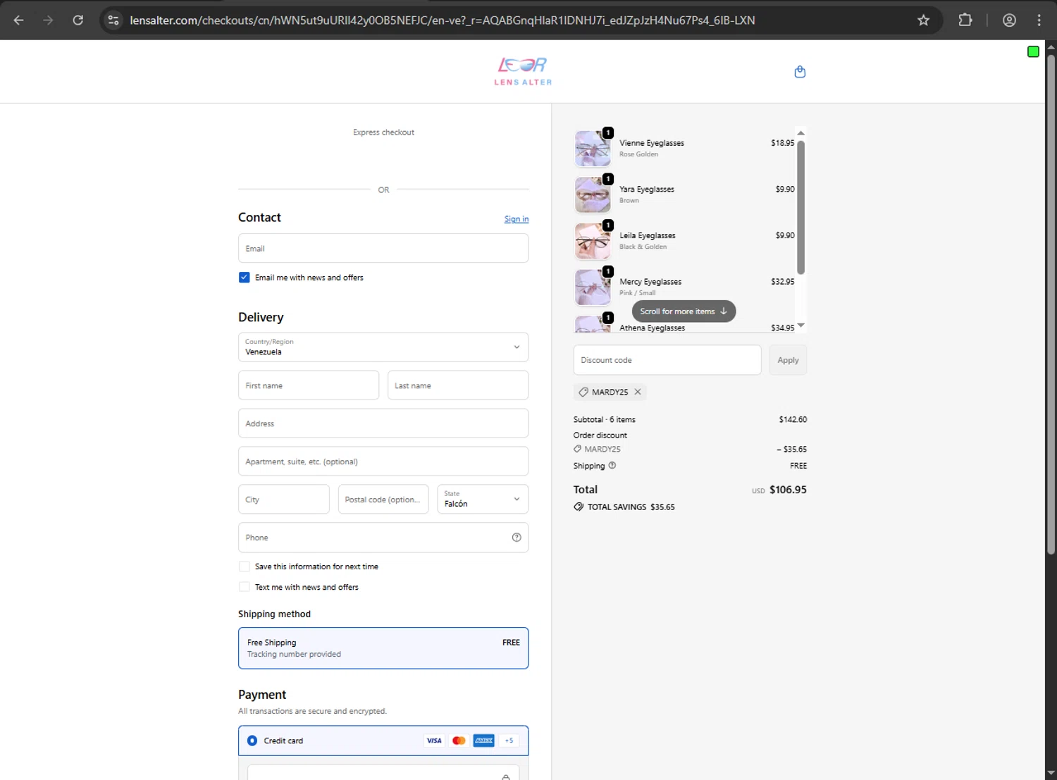 Lensalter discount code screenshot showing code Mardy25 applied at Lensalter checkout page. Uploaded by SimplyCodes community member anthonyramirez1 on Dec 1, 2025