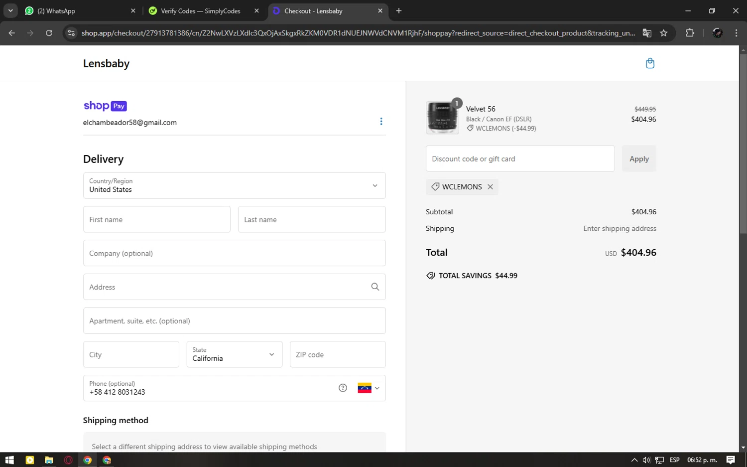 Lensbaby promo code screenshot showing code WCLEMONS applied at Lensbaby checkout page. Uploaded by SimplyCodes community member cuticula on Jan 7, 2025
