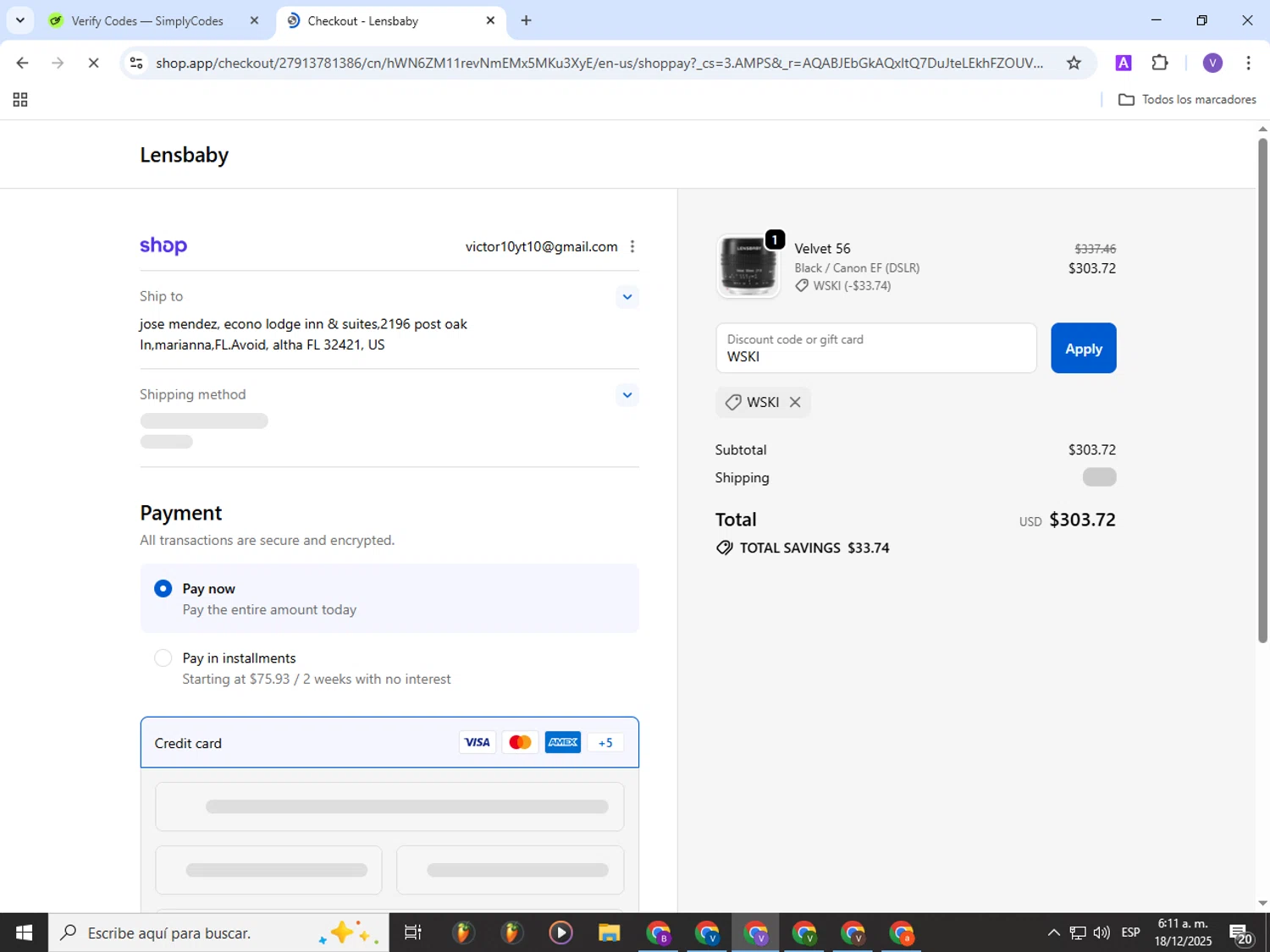 Lensbaby promo code screenshot showing code WSKI applied at Lensbaby checkout page. Uploaded by SimplyCodes community member Gianpiero on Dec 18, 2025