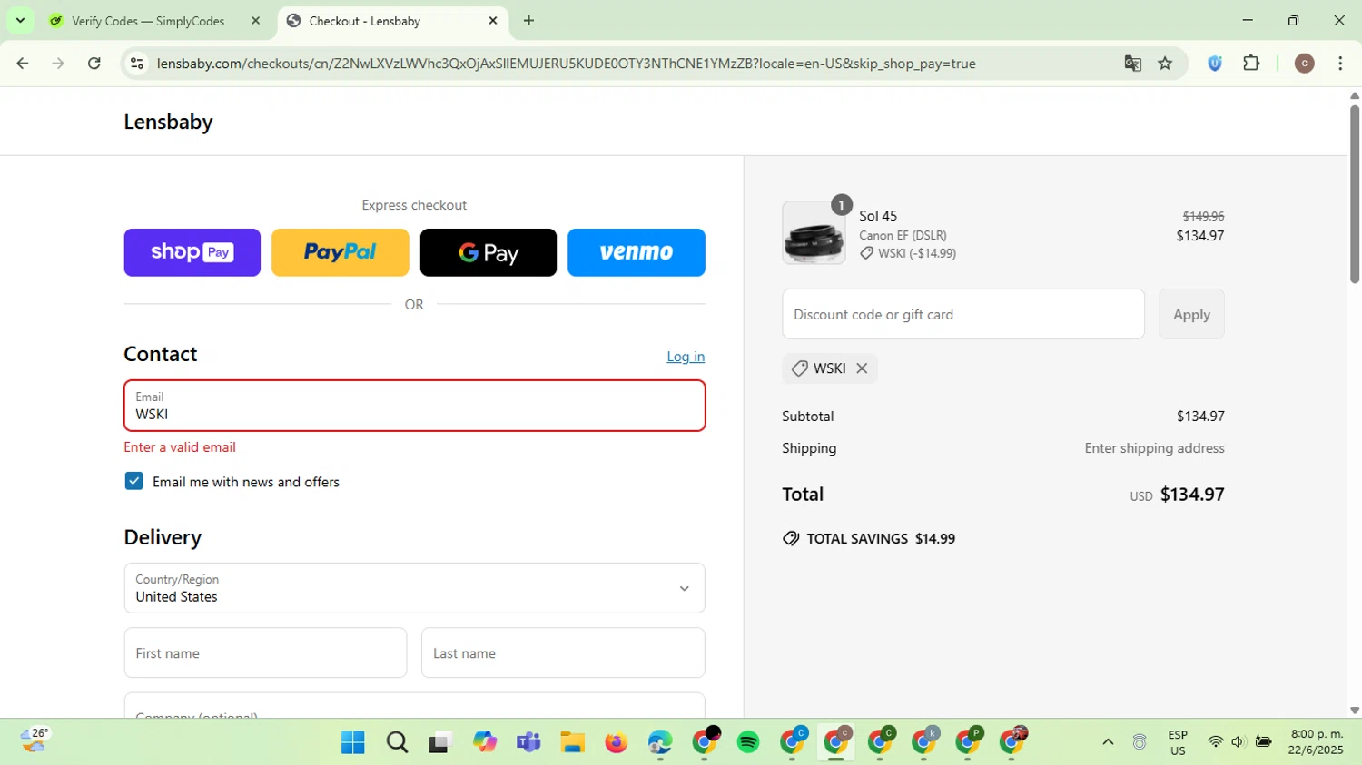 Lensbaby promo code screenshot showing code WSKI applied at Lensbaby checkout page. Uploaded by SimplyCodes community member NobleExpert6497 on Jun 23, 2025