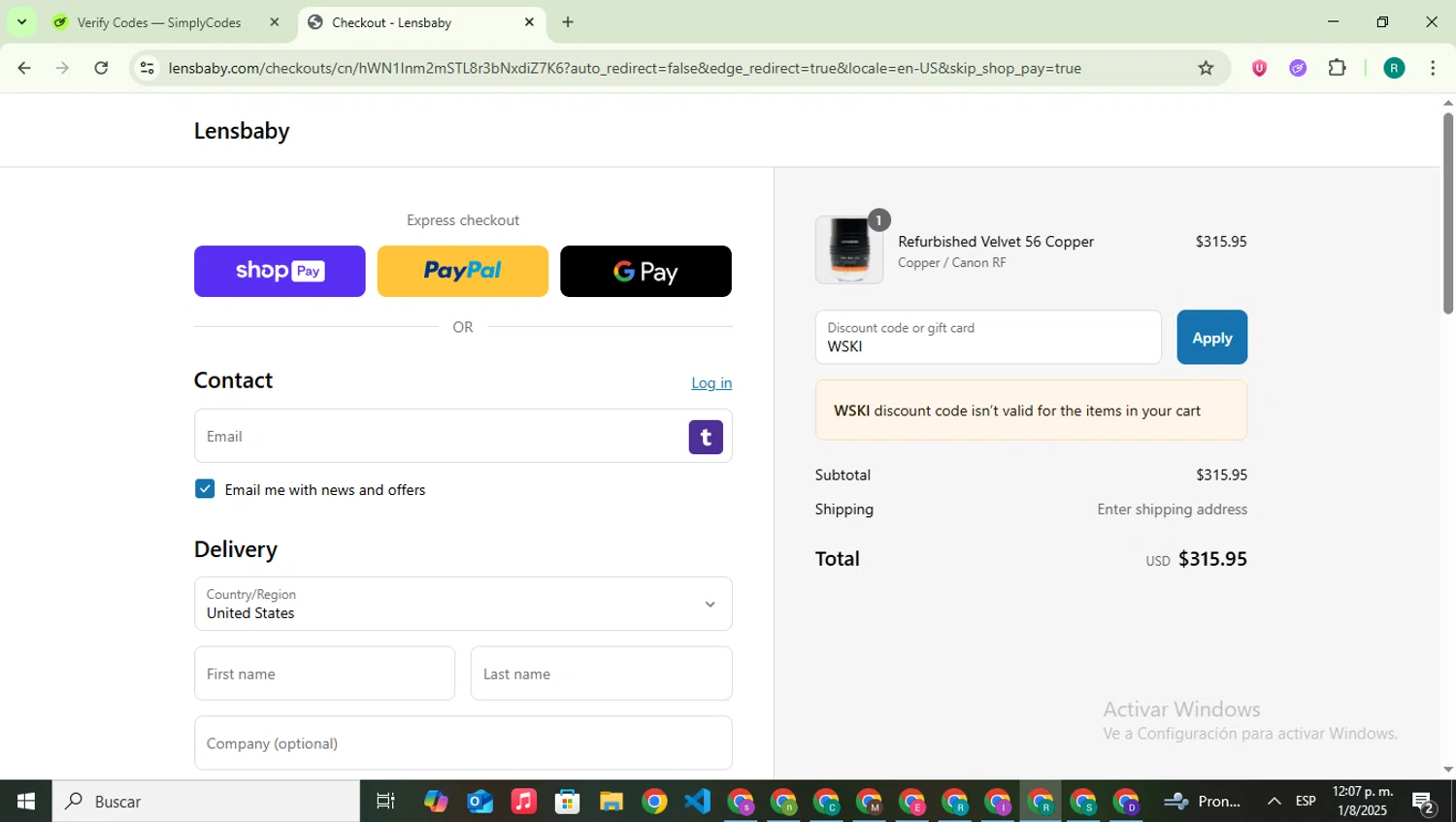 Lensbaby promo code screenshot showing code WSKI applied at Lensbaby checkout page. Uploaded by SimplyCodes community member SavingsLegend387 on Aug 1, 2025
