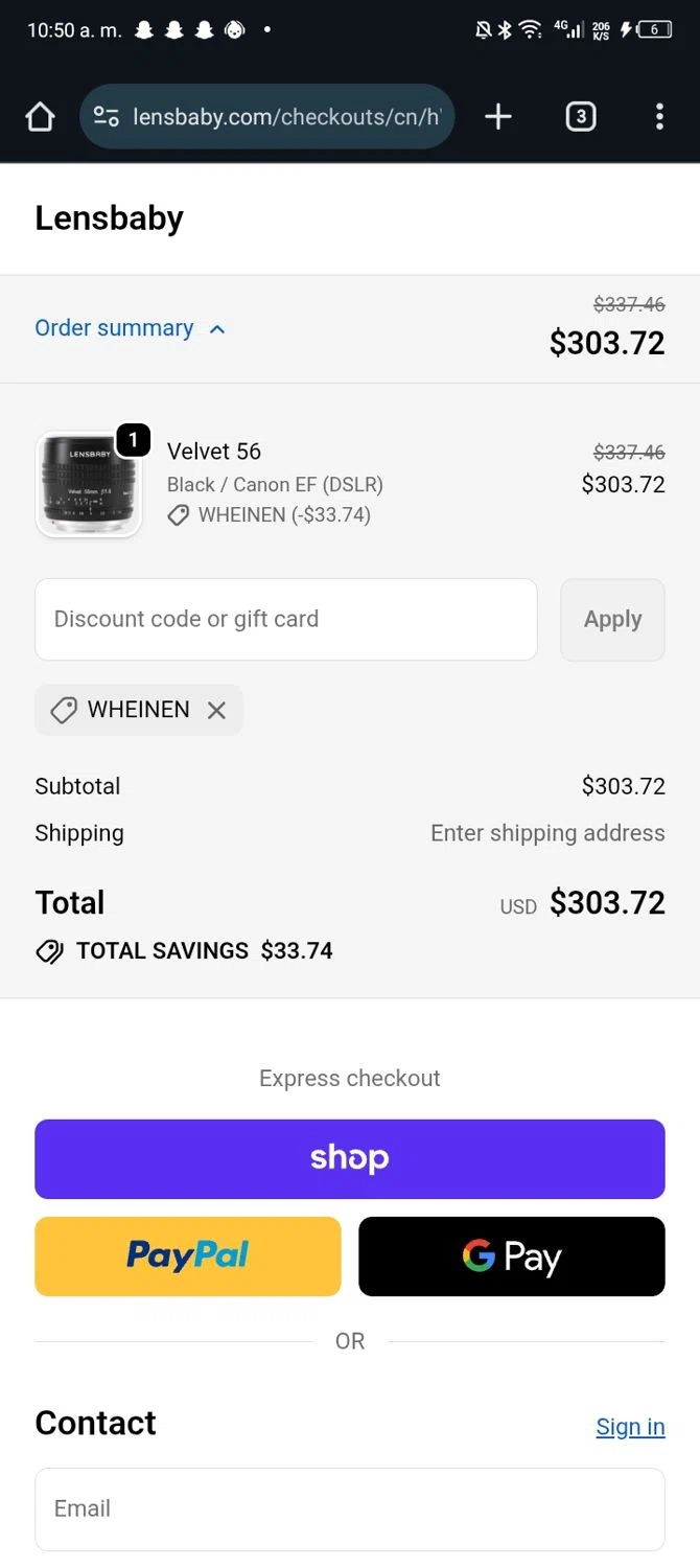 Lensbaby promo code screenshot showing code WHEINEN applied at Lensbaby checkout page. Uploaded by SimplyCodes community member JandryV on Dec 29, 2025
