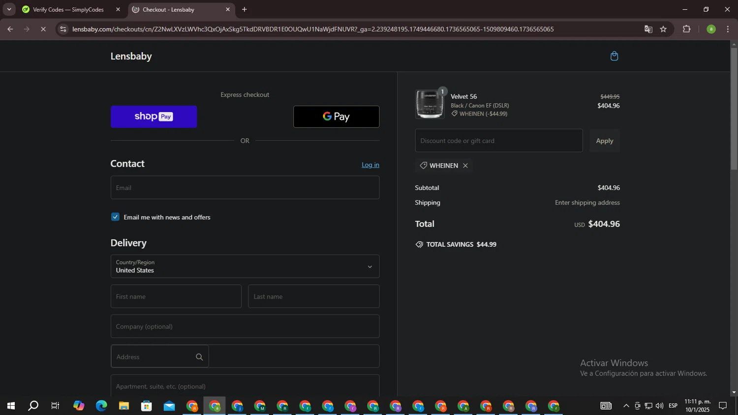Lensbaby promo code screenshot showing code WHEINEN applied at Lensbaby checkout page. Uploaded by SimplyCodes community member DiscountSpotter1028 on Jan 11, 2025
