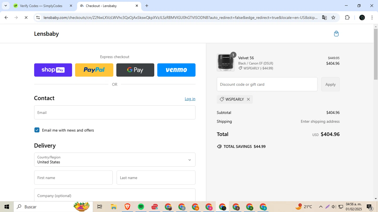 Lensbaby promo code screenshot showing code WSPEARLY applied at Lensbaby checkout page. Uploaded by SimplyCodes community member Ingeniero on Feb 1, 2025