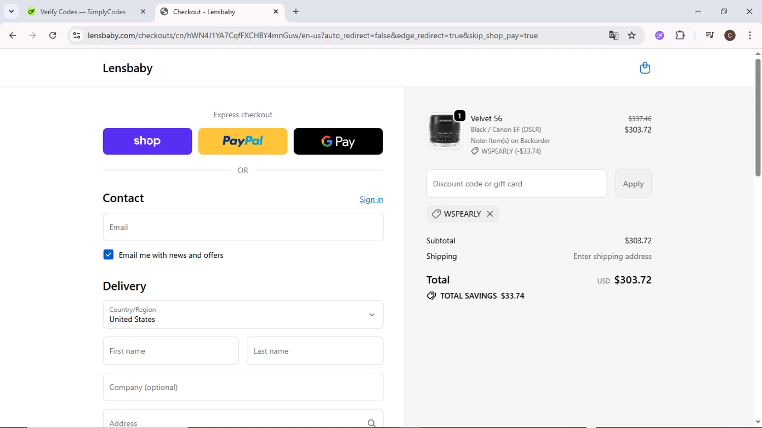 Lensbaby promo code screenshot showing code WSPEARLY applied at Lensbaby checkout page. Uploaded by SimplyCodes community member MoneyPilot9634 on Oct 19, 2025