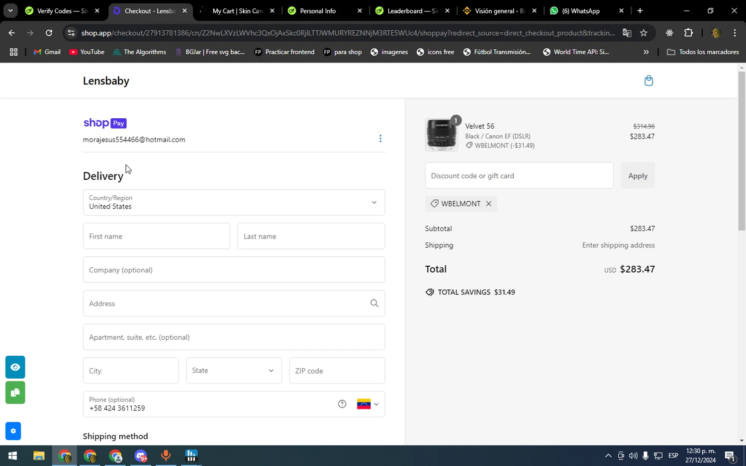 Lensbaby promo code screenshot showing code WBELMONT applied at Lensbaby checkout page. Uploaded by SimplyCodes community member kakakakakka on Dec 27, 2024