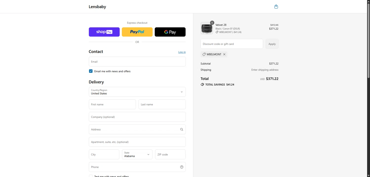 Lensbaby promo code screenshot showing code WBELMONT applied at Lensbaby checkout page. Uploaded by SimplyCodes community member SavvyLion5780 on Jul 5, 2025