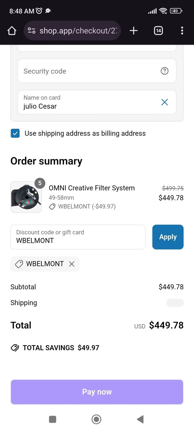 Lensbaby promo code screenshot showing code WBELMONT applied at Lensbaby checkout page. Uploaded by SimplyCodes community member juliocoronel038ef0f on May 31, 2025