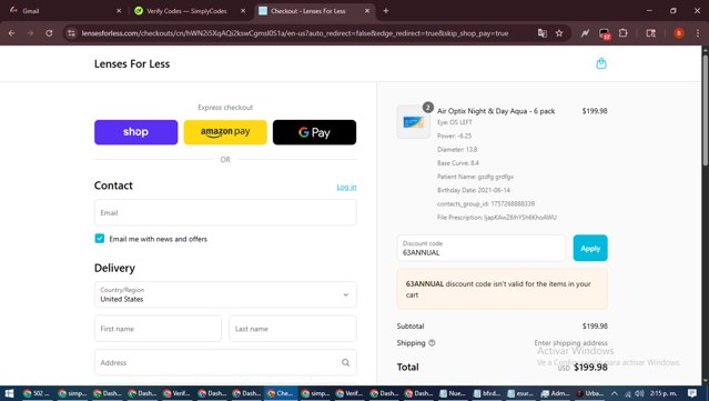 Lenses For Less checkout page showing Lenses For Less coupon code box | Screenshot taken by SimplyCodes community member on Sep 7, 2025