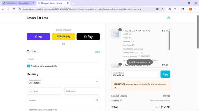 Lenses For Less checkout page showing Lenses For Less coupon code box | Screenshot taken by SimplyCodes community member on Sep 7, 2025