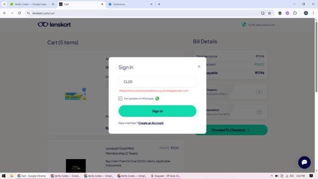 Lenskart checkout page showing Lenskart promo code box | Screenshot taken by SimplyCodes community member on Aug 6, 2025