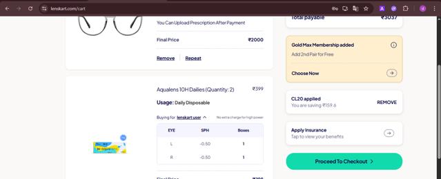 Lenskart checkout page showing Lenskart promo code box | Screenshot taken by SimplyCodes community member on Aug 6, 2025